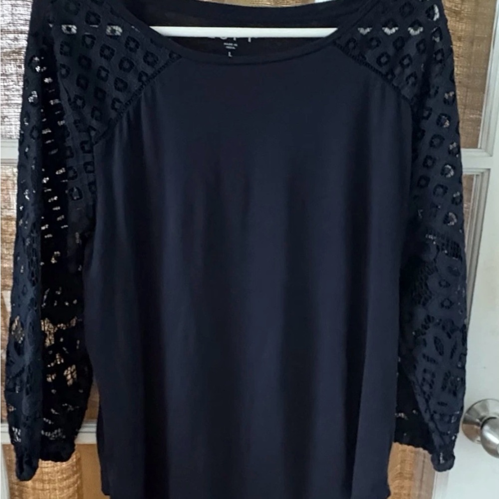 Loft Elegant Navy Blue Crochet style Sleeve Tunic Top Large